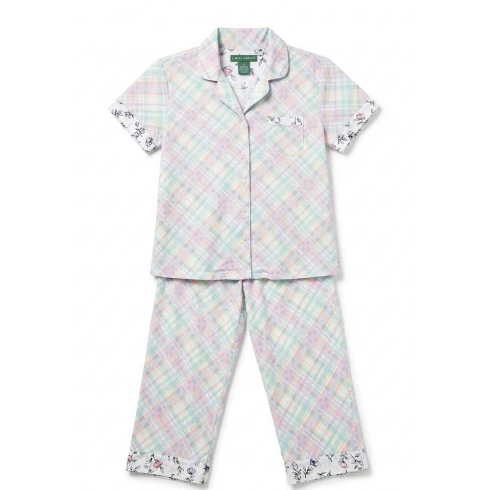 Laura Ashley VTG Pajamas Set Sz Lg pastel plaid cottage core cotton blend lounge